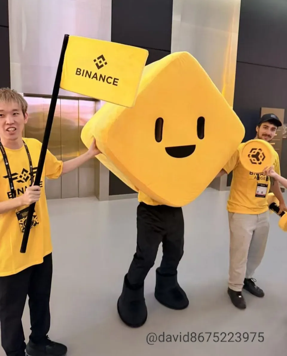 Bibi mascot costume with Binance flag